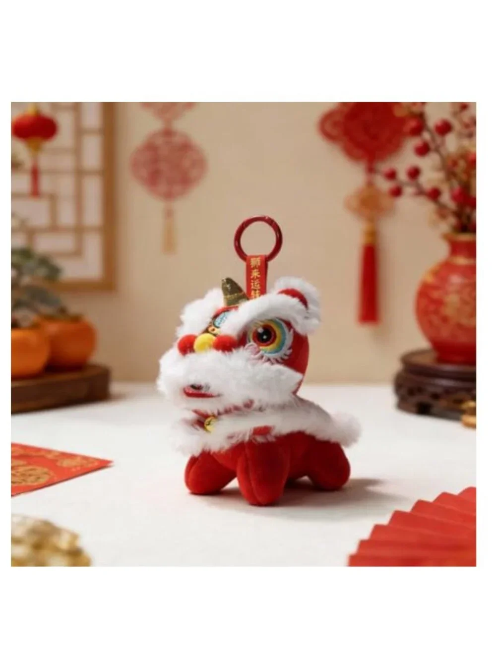 Cute Chinese Lion Dance Plush Keychain Bag Charm Handbag Purse Tote Accessory